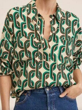 Mango MNG Geometric Print Long Sleeve Top - Size L Modest Causal Contemporary